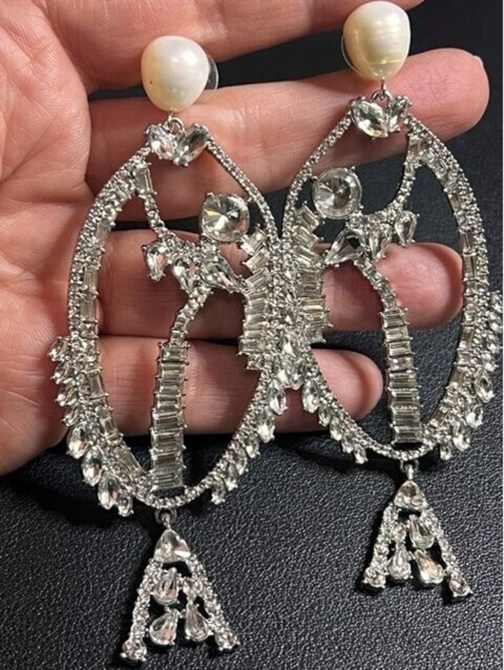 B6349 Baublebar Fish Statement Dangle Earrings faux Pearl Rhinestone Silver 4"